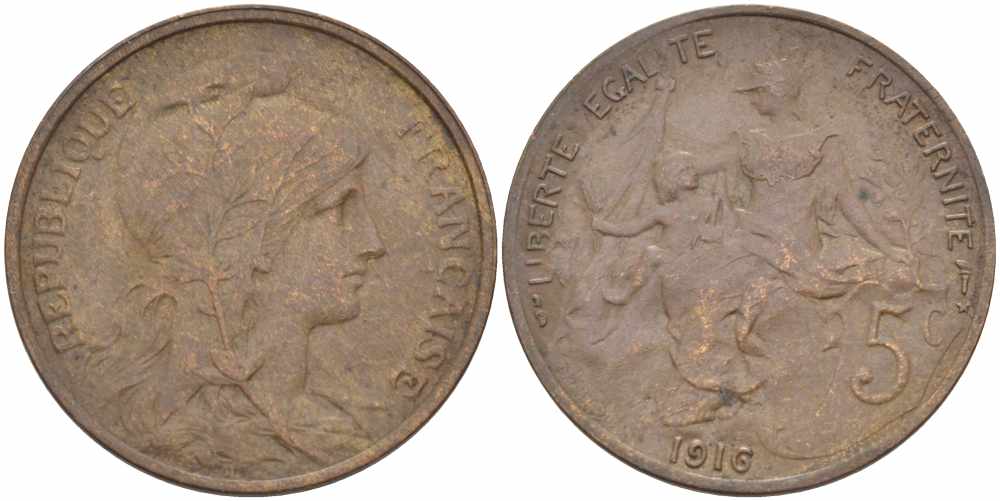 ФРАНЦИЯ 5 САНТИМОВ 1916 ТИП ДАНИЭЛЬ ДЮПЮИ, INCLUS KM 842, LE FRANC 119.29 бронза 108-957