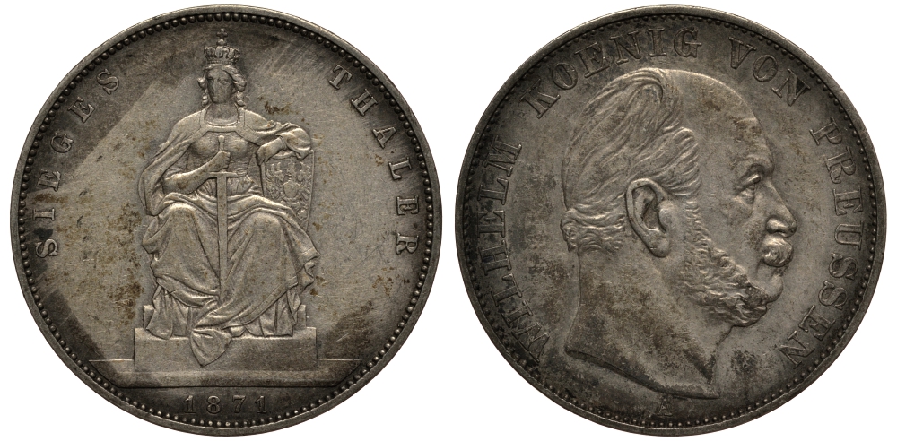Пруссия 1 талер 1871 A, Вильгельм I (1861-1888), победа над Францией КМ 500, AKS 118, Th. 272 серебро 3711-235