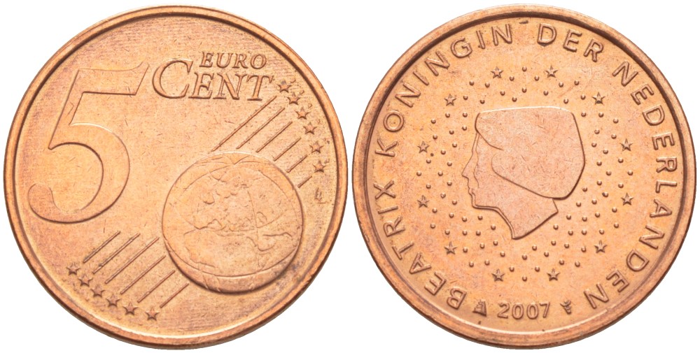 НИДЕРЛАНДЫ 5 ЕВРОЦЕНТОВ 2007 БЕАТРИКС KM 226 сталь плакированная медью 4543-233