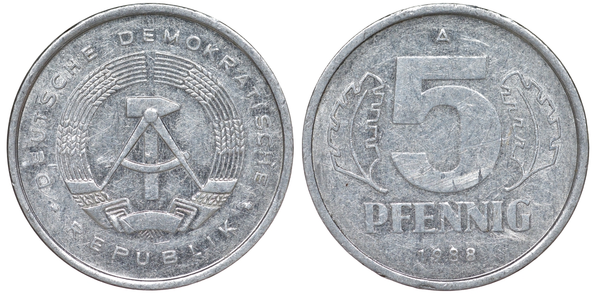 ГДР 5 ПФЕННИГОВ 1988 А алюминий 62-552