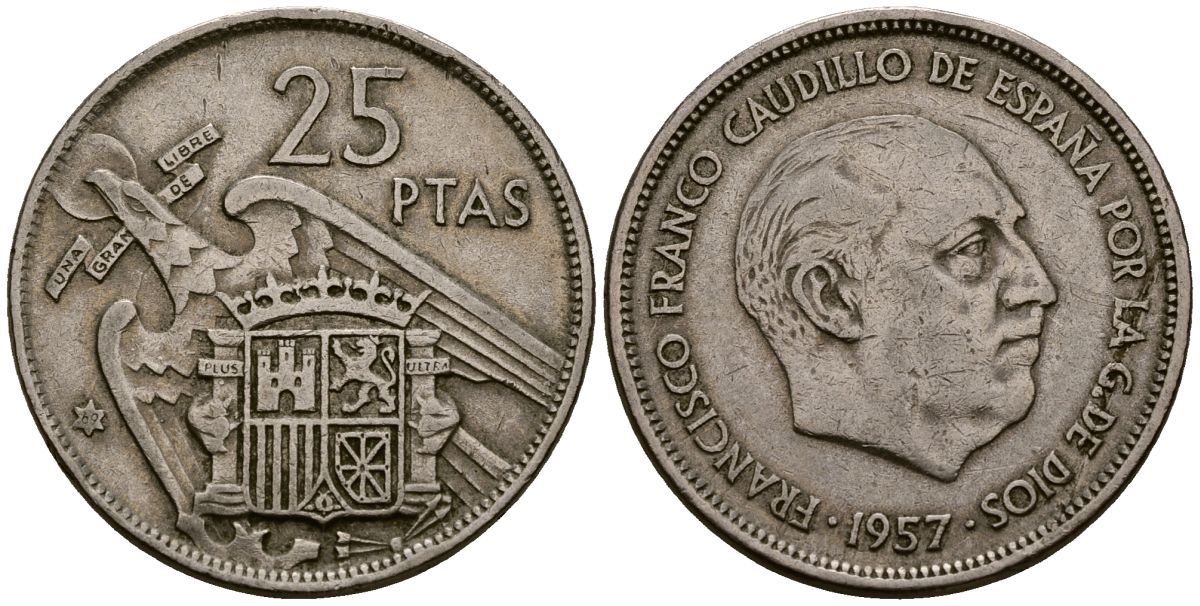 Испания 25 песет 1957 Франсиско Франко (1939-1975) KM 787 медно-никель 4165-943