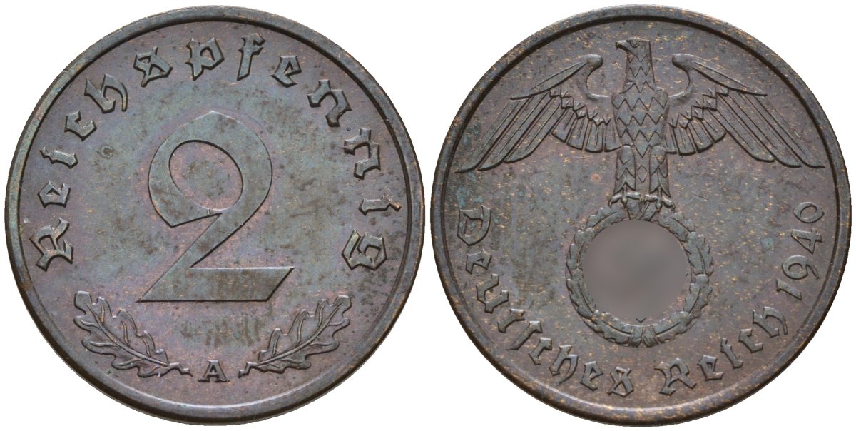 Германия 2 рейхспфеннига 1940 A KM 90, J. 362 бронза 4151-161