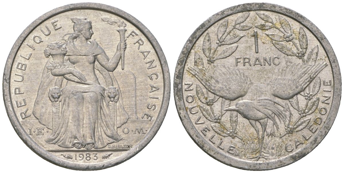 Французская Новая Каледония 1 франк 1983 птица кагу, (IEOM) KM 10, Schoen 10, Lec 46 алюминий    51-2415