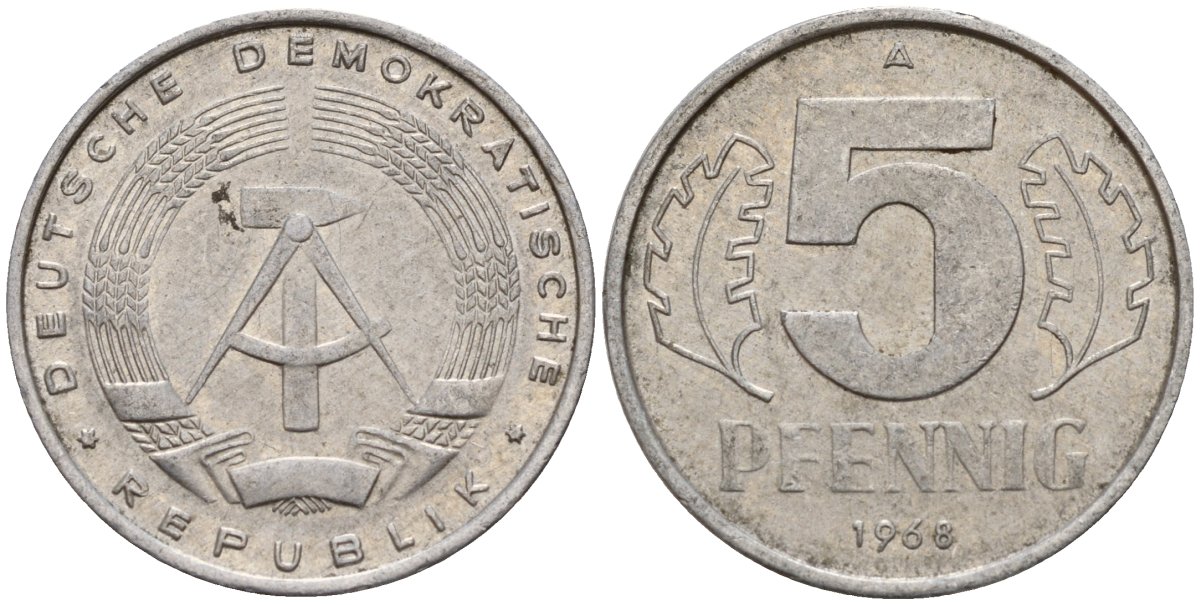 ГДР 5 пфеннигов 1968 A KM 9.1 алюминий 211-846