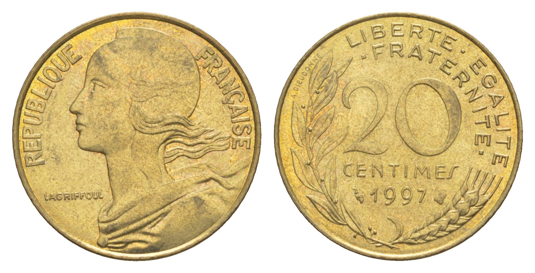 Франция 20 сантимов 1997 KM 930 алюминиевая бронза 4539-732