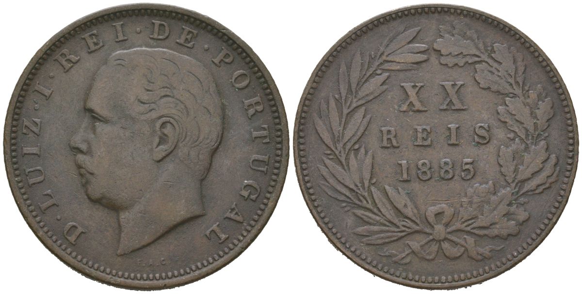 Португалия 20 реалов 1885 Луиш I (1861-1889) KM 527 бронза 4512-932