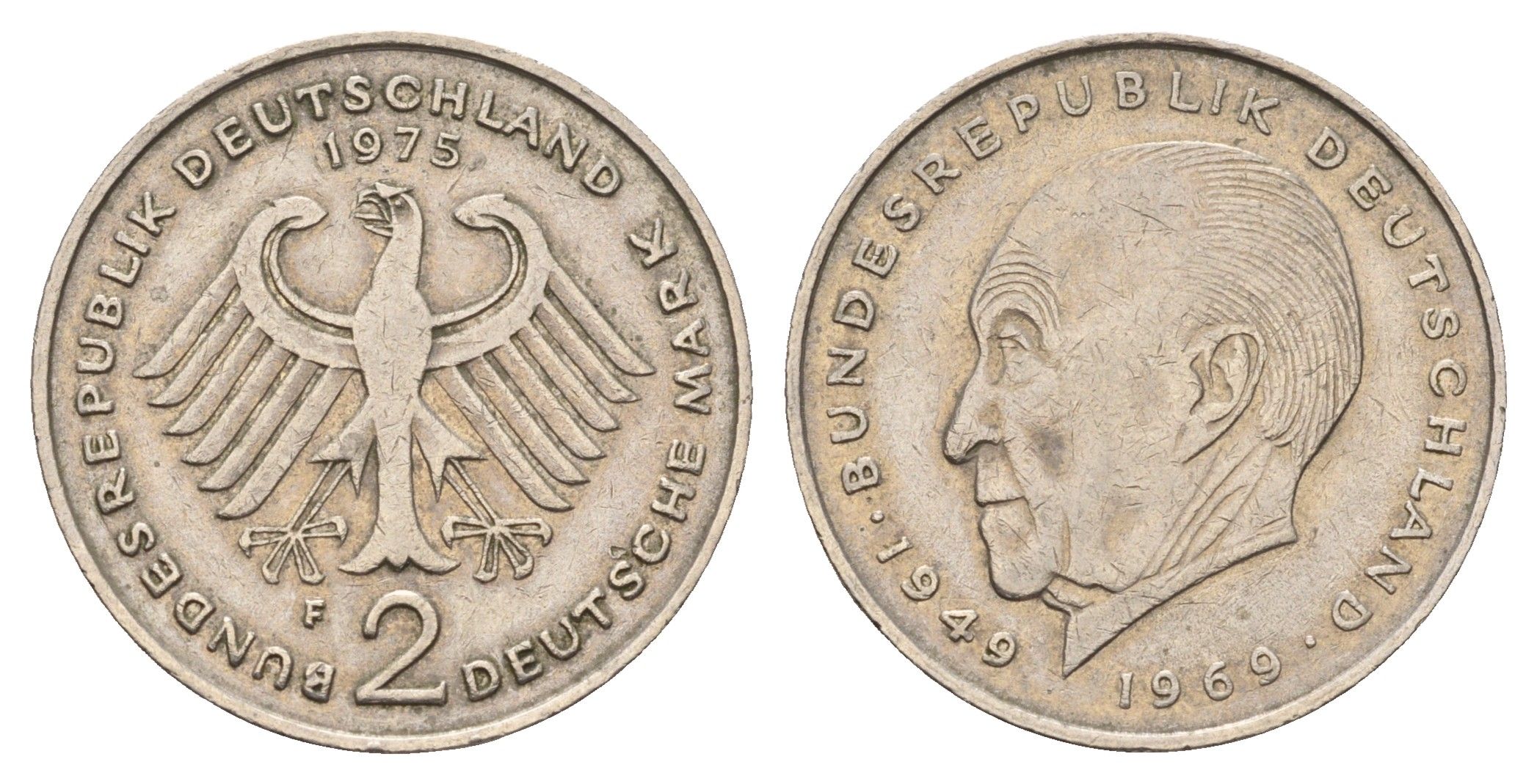 ФРГ 2 марки 1975 F, Конрад Аденауэр, 20 лет Федеративной Республике KM 124, J. 406 медно-никель плакированный никелем 186-1234