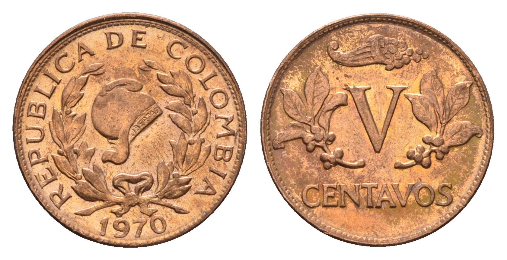 Колумбия 5 сентаво 1970 KM 206a сталь плакированная медью UNC 4643-653