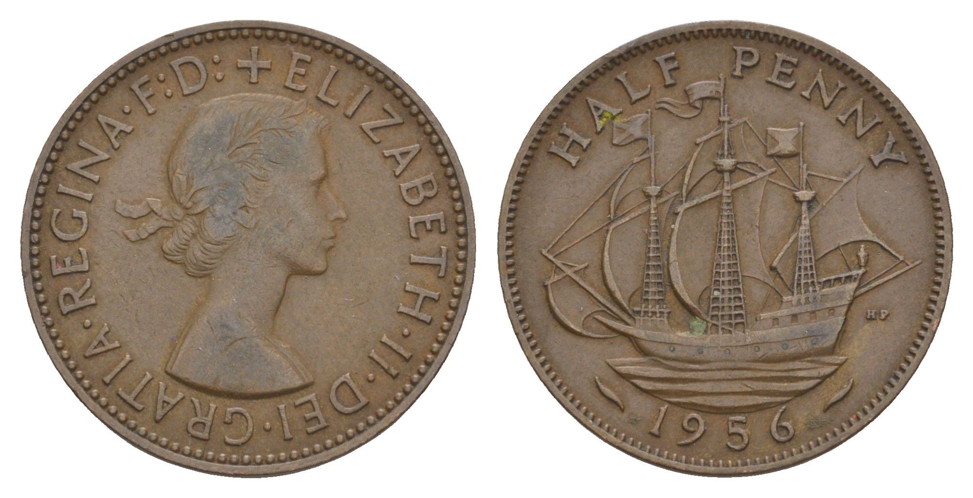 Великобритания 1/2 пенни 1956 Елизавета II (1952-2022) KM 896, Spink 4158 бронза 4153-1123