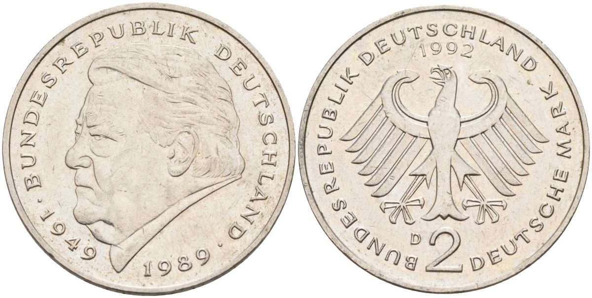 ФРГ 2 марки 1992 D, Франц Йозеф Штраус, 40 лет Федеративной Республике (1949-1989) KM 175, J. 450 медно-никель плакированный никелем 4168-446