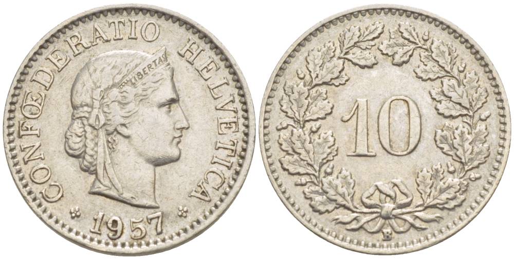 ШВЕЙЦАРИЯ 10 РАППЕНОВ 1957 В KM 27 медно-никель 216-1252