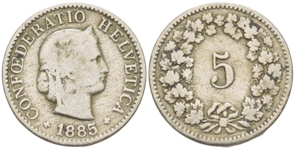 ШВЕЙЦАРИЯ 5 РАППЕНОВ 1895 В KM 26 медно-никель 3955-536