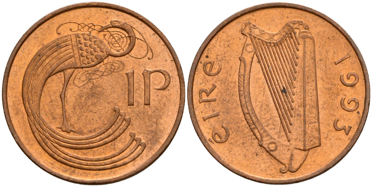 Ирландия 1 пенни 1993 мифологическая птица лира KM 20a бронза 4141-243