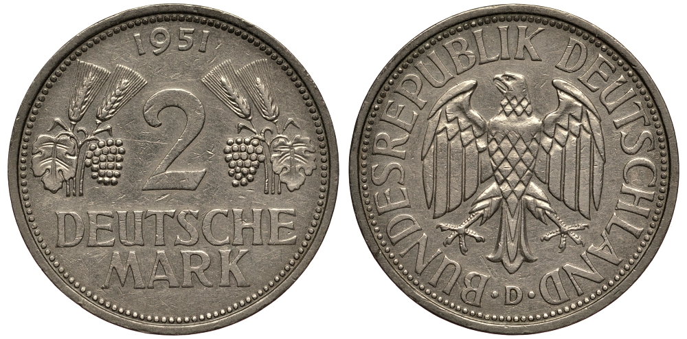 ФРГ 2 марки 1951 D J 386, KM 111 медно-никель плакированный никелем 413-6523