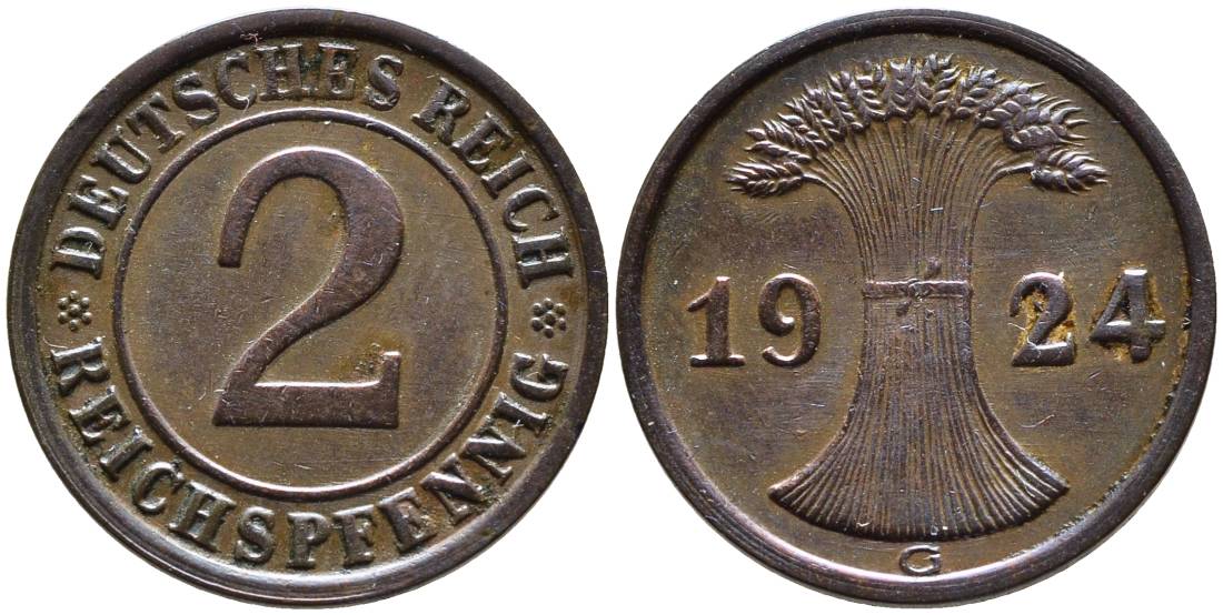 ГЕРМАНИЯ 2 РЕЙХСПФЕННИГА 1924 G, ВЕЙМАРСКАЯ РЕСПУБЛИКА (1919-1933) KM 38, Jager 314, Weege 4 бронза 4546-832
