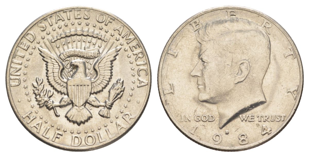 США 1/2 доллара (50 центов) 1984 D, Джон Кеннеди KM A202b медь плакированная медно-никелем aUNC 4367-924