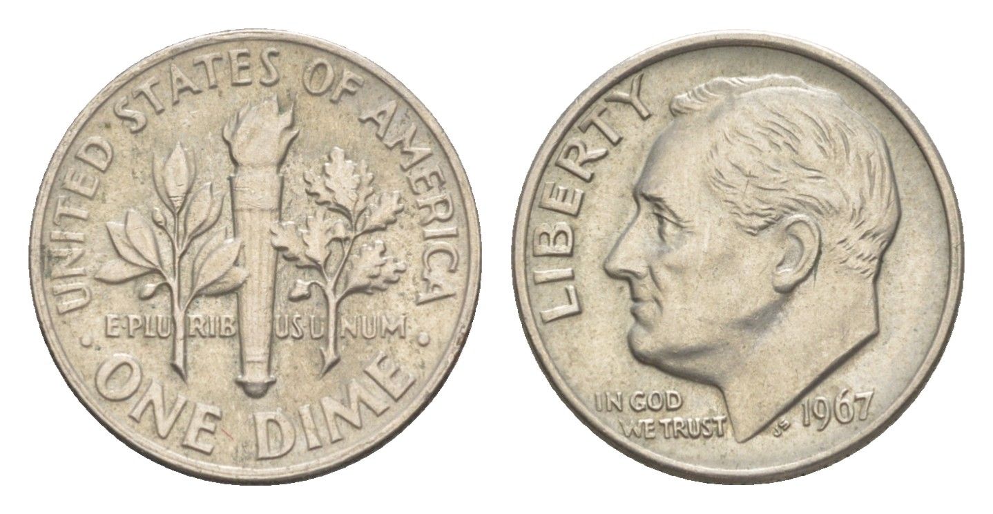 США 10 центов (дайм) 1967 Рузвельт KM 195a медь плакированная медно-никелем 4643-358
