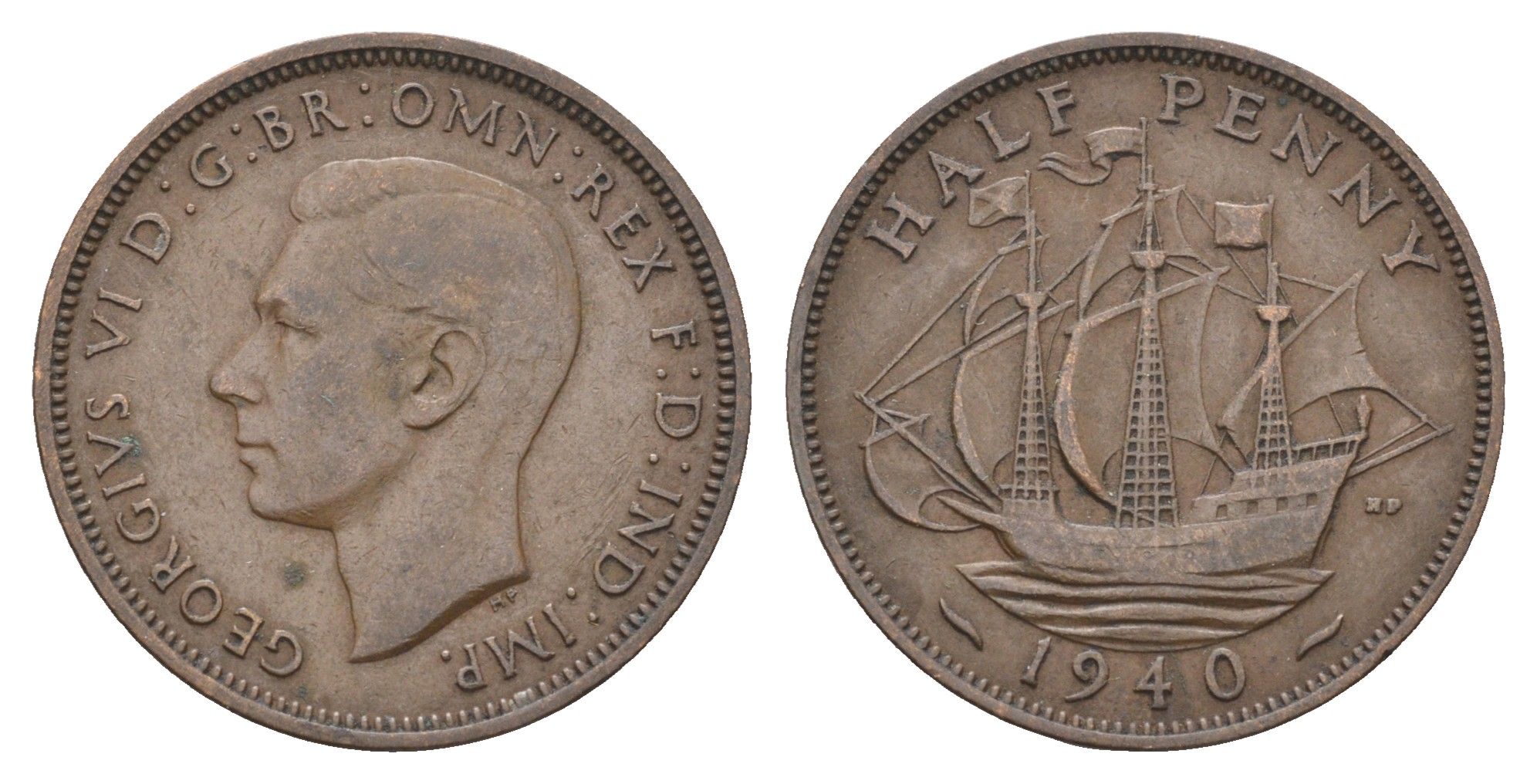 Великобритания 1/2 пенни 1940 Георг VI (1936-1952) KM 844, Spink 4115 бронза    4660-614