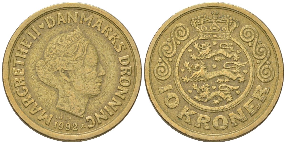 Дания 10 крон 1992 сердце LG, Маргрете II (1972-), тираж 500.000 экземпляров, самый редкий год KM 867 алюминиевая бронза 4561-646