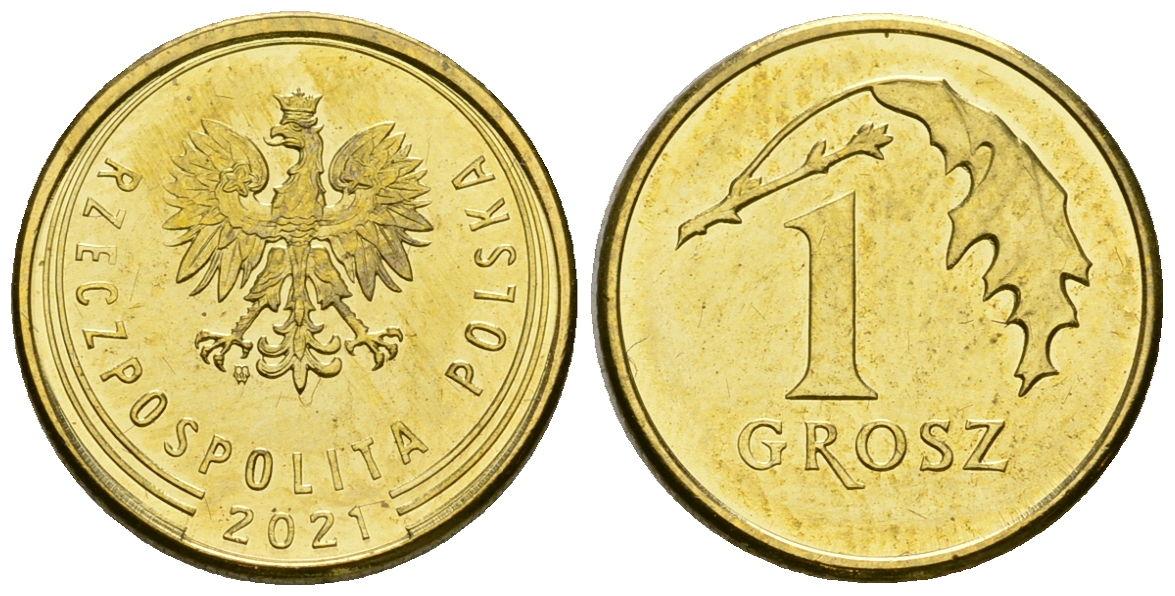 Польша 1 грош 2021 MW KM 923 сталь плакированная латунью 4585-127