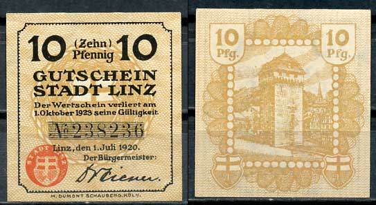 Германия, Линц-на-Рейне 10 пфеннигов 1920 нотгельд, 1.7.1920 Tieste 4140/70 бумага UNC (пресс) 8614-43-2-2