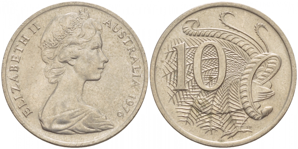Австралия 10 центов 1976 Елизавета II (1952-), птица лирахвост KM 65 медно-никель UNC 4539-1115