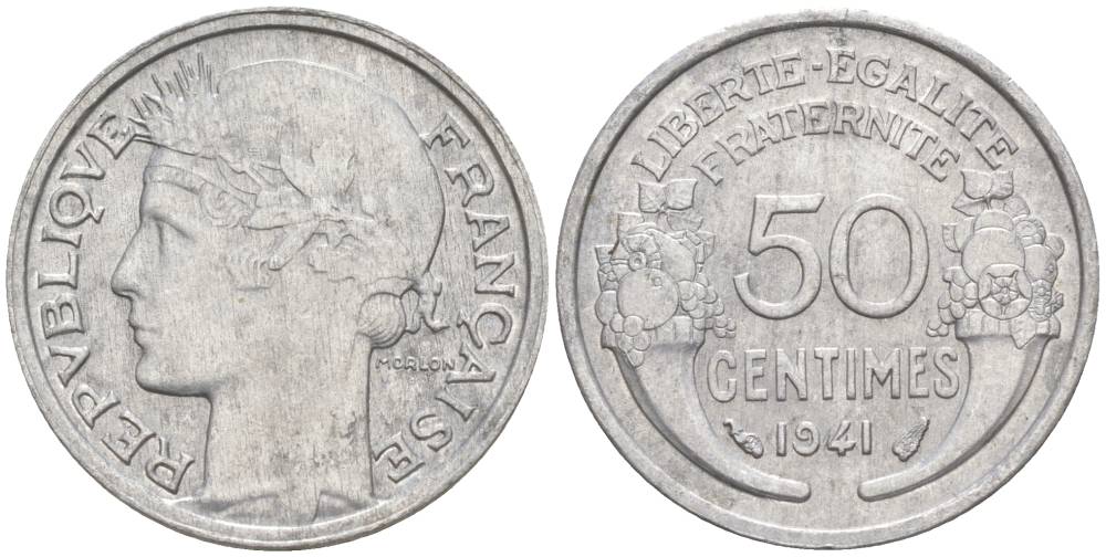 ФРАНЦИЯ 50 САНТИМОВ 1941 ТИП MORLON LOURDE KM 894.1a, LE FRANC 193.2 алюминий 44-324