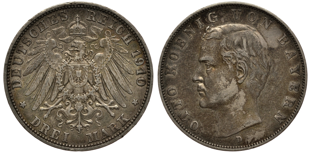 Бавария 3 марки 1910 Отто (1886-1913) Weege 45, J. 47, KM 515 серебро 3711-1941