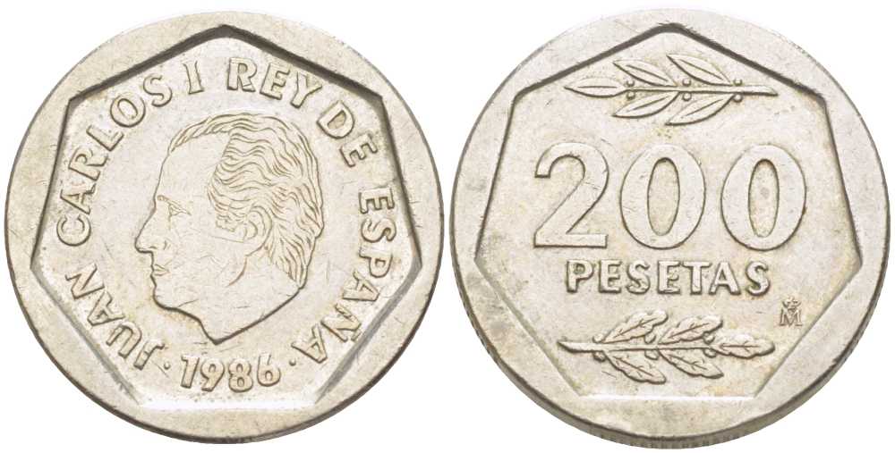 ИСПАНИЯ 200 ПЕСЕТ 1986 ХУАН КАРЛОС I (1975-) KM 829 медно-никель 213-225