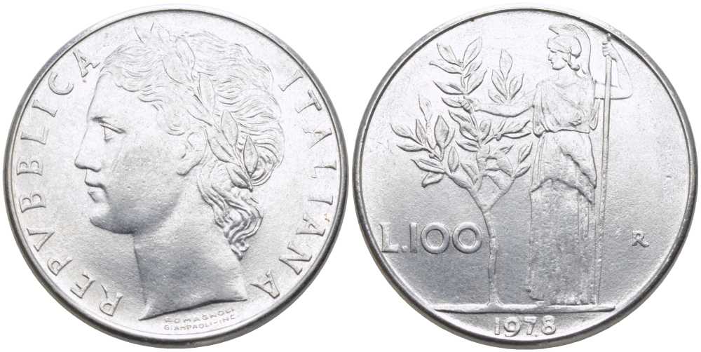 ИТАЛИЯ 100 ЛИР 1978 R, АФИНА KM 96.1 нержавеющая сталь 109-1146