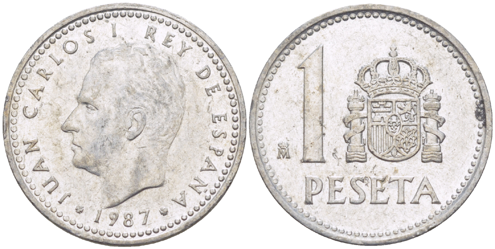ИСПАНИЯ 1 ПЕСЕТА 1987 ХУАН КАРЛОС I ( 1975-) KM 821 алюминий 216-626