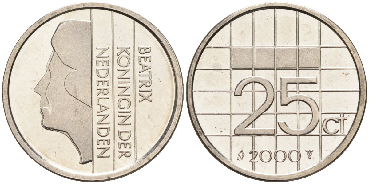 Нидерланды 25 центов 2000 Беатрикс (1980-2013) KM 204 никель UNC 4588-941