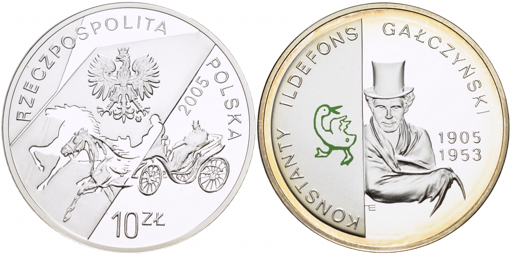 Польша 10 злотых 2005 MW, Константы Ильдефонс Галчиньский, поэт, гусь, цветная эмаль KM 537 серебро PROOF 1087-3-55