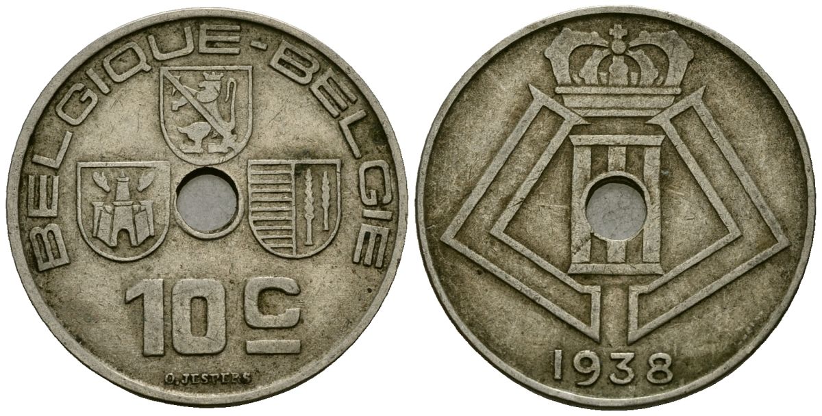Бельгия 10 сантимов 1938 Belgique - Belgie KM 112 никель латунь 4121-247