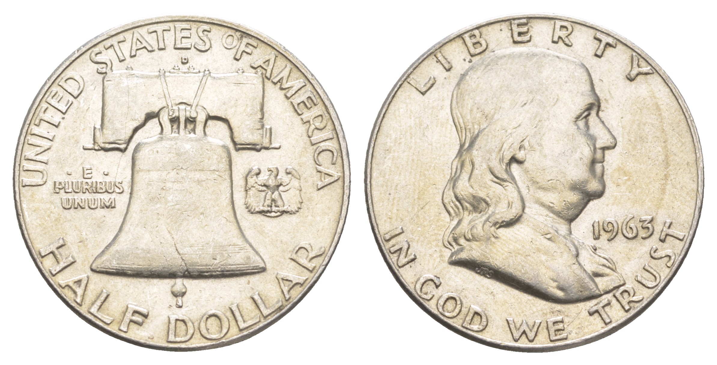 США 1/2 доллара (50 центов) 1963 Бенджамин Франклин, колокол KM 199 серебро  aUNC  4574-535