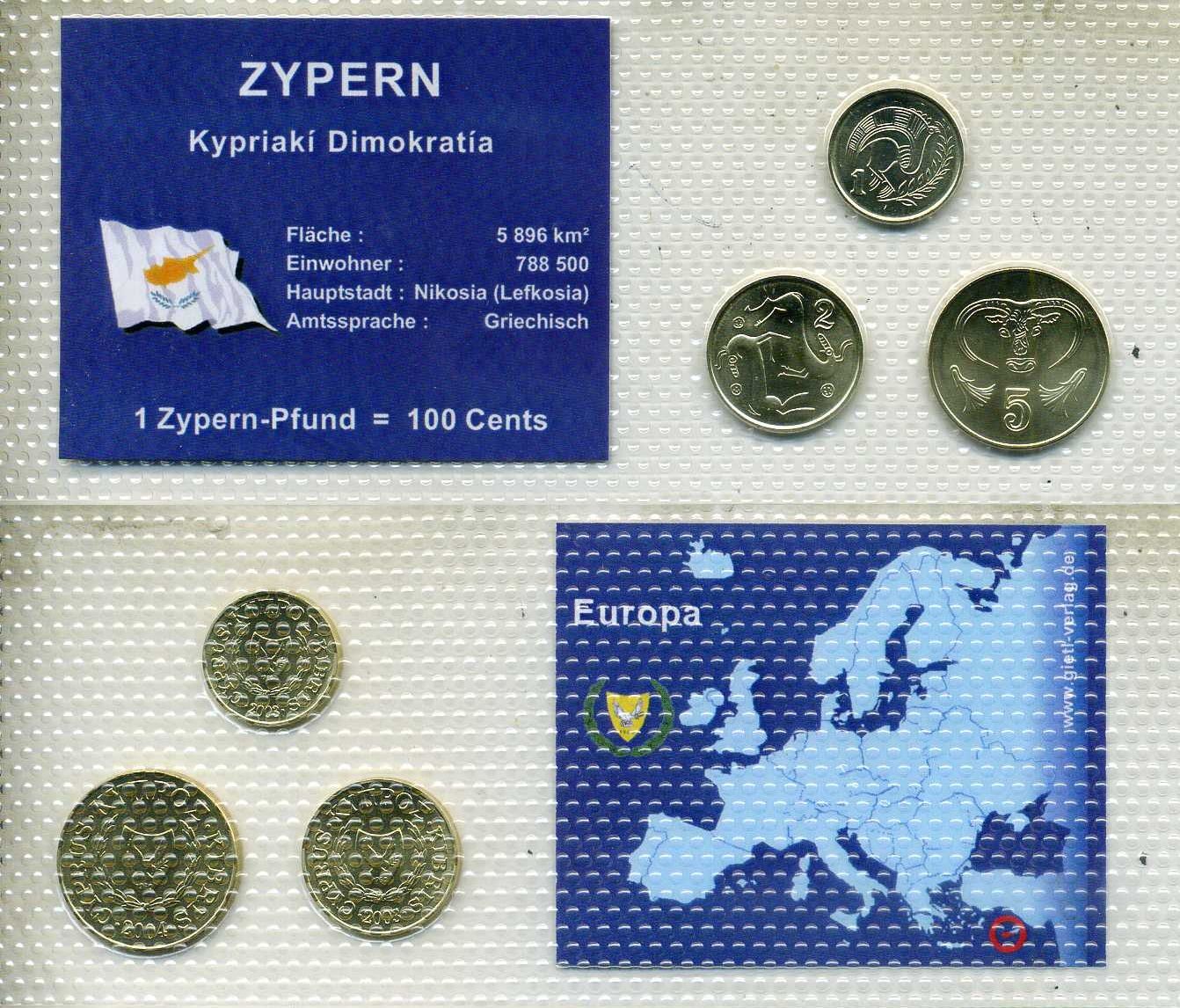 Кипр набор из 3 монет (1, 2 и 5 цента) 2003 и 2004 в красочном блистер, в запайке KM 53.3, 54.3 и 55.3 UNC 4-3-2-50