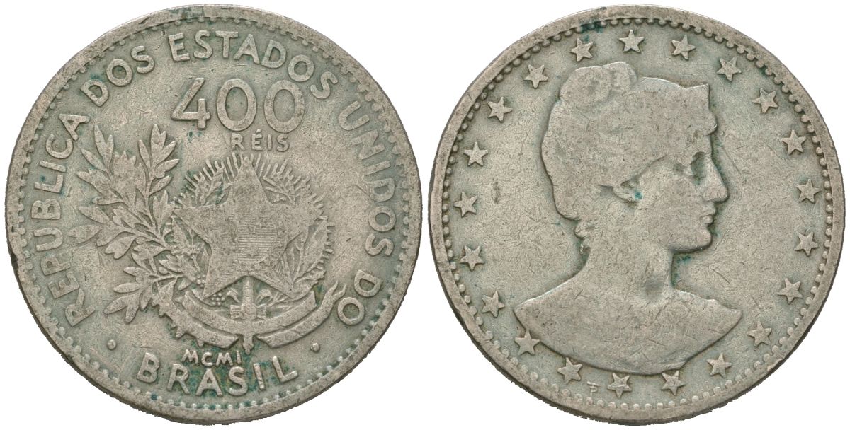 Бразилия 400 рейс 1901 MCMI, голова свободы вправо KM 505 медно-никель 215-423