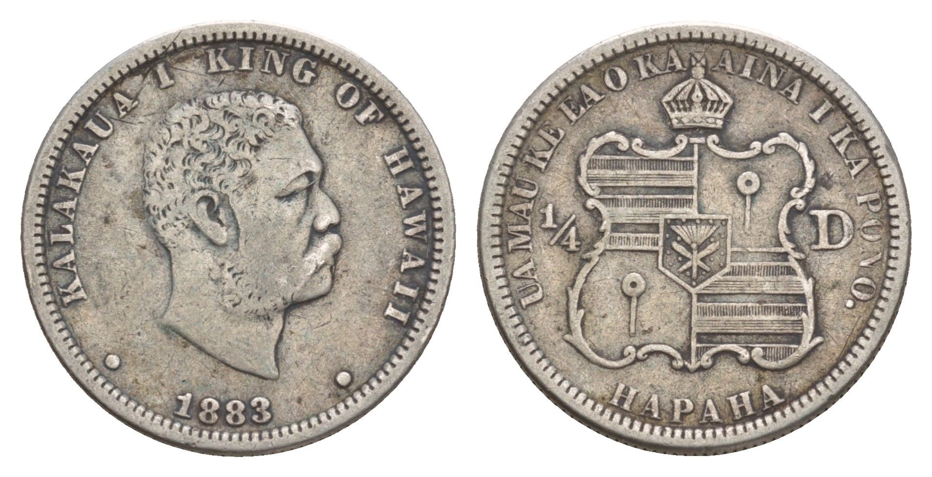 Гавайи 1/4 доллара 1883 KM 5 серебро 1524-614