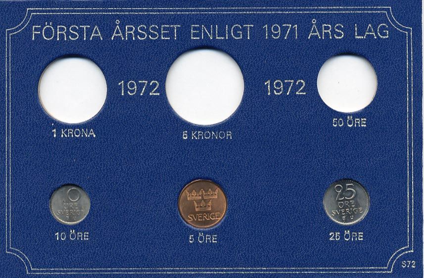 Швеция 5, 10, 25 эре 1972 Густав VI Адольф (1950-1973) в картоне набора монетного двора UNC 7-5-7-264