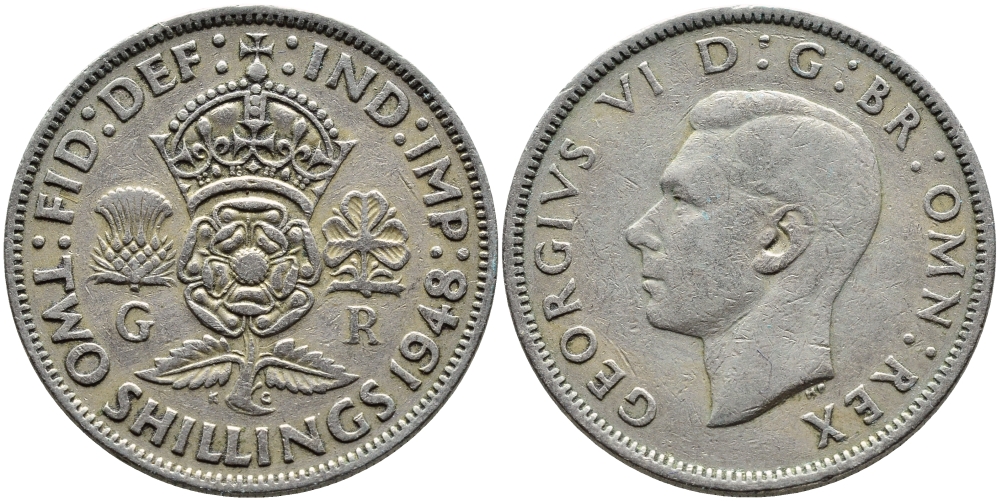 Великобритания 2 шиллинга (флорин) 1948 Георг VI (1936-1952) KM 865, Spink 4102 медно-никель 4389-913