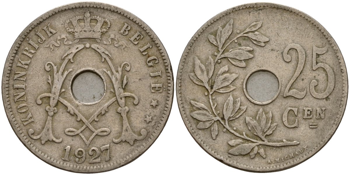 Бельгия 25 сантимов 1927 Belgie KM 69 медно-никель 4159-555