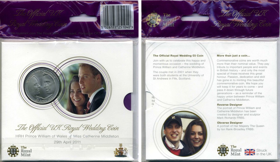 Великобритания 5 фунтов 2011 Елизавета II (1952-2022), королевская свадьба принца Уильяма и Кэтрин (Кейт) Миддлтон, в оригинальном буклете KM 1203, Spink L22 медно-никель BUNC 3-6-3-2