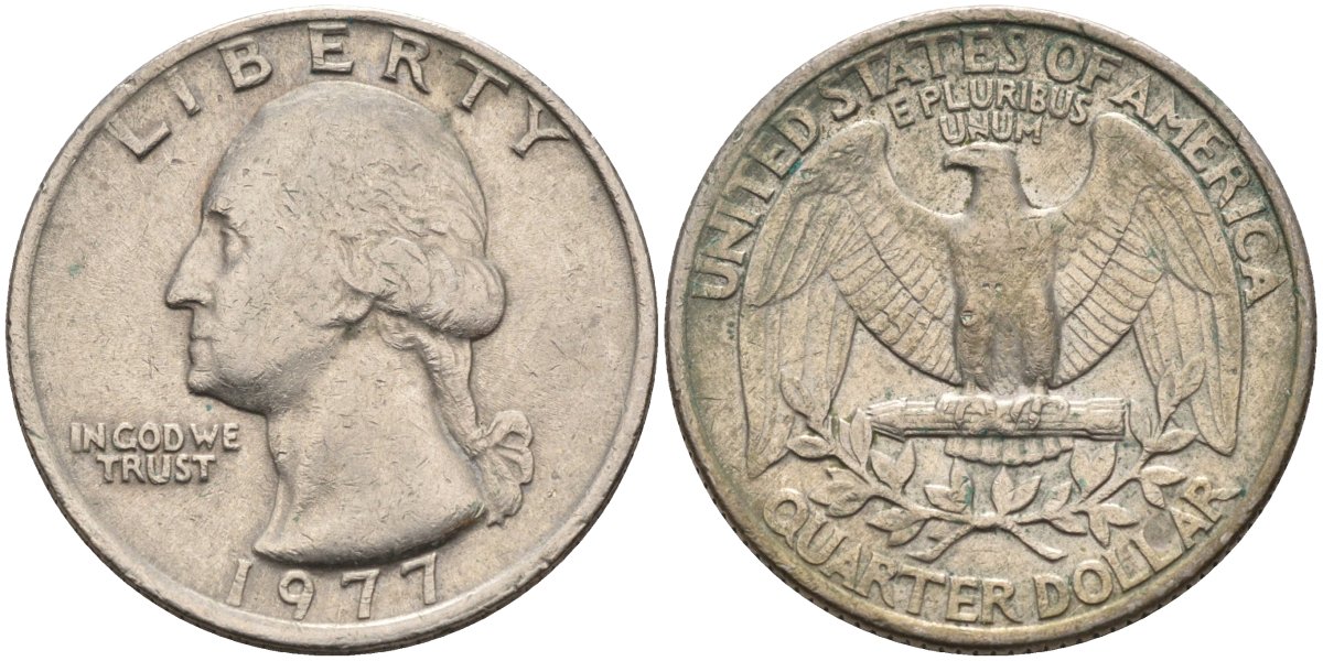 США 25 центов (квотер) 1977 Вашингтон KM A164a медь плакированная медно-никелем 4584-1055