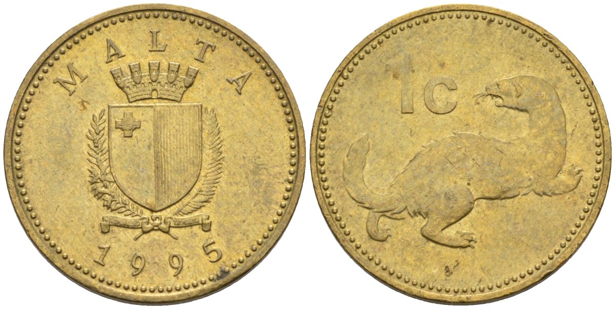 Мальта 1 цент 1995 ласка, горностай KM 93 никель латунь 4585-1236