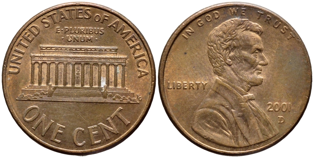 США 1 ЦЕНТ 2001 D, ЛИНКОЛЬН KM 201b цинк плакированный медью 4396-462