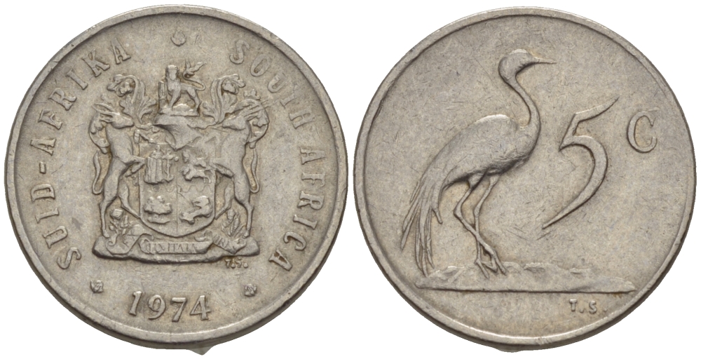 ЮАР 5 центов 1974 герб, райский журавль KM 84 никель 66-329