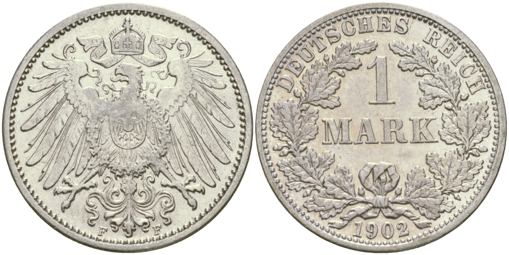 Германия 1 марка 1902 F Weege 18, J. 17, KM 14 серебро aUNC 413-5612