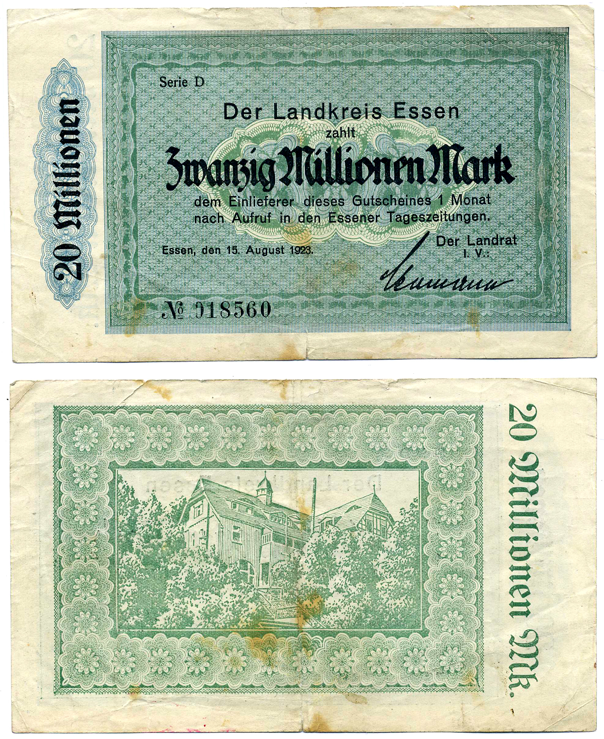 ЭССЕН 20000000 МАРОК (20 МИЛЛИОНОВ) 1923 15 АВГУСТА 1923, LINDKREIS, СЕРИЯ D, НОТГЕЛЬД, ЗЕМЛЯ СЕВЕРНЫЙ РЕЙН-ВЕСТФАЛИЯ Arnold Keller 1440d бумага 2193-17-1-1