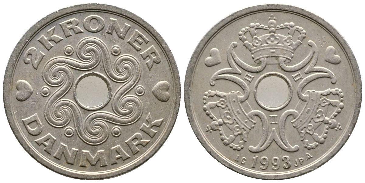 Дания 2 кроны 1993 LG; JP; A, Маргрете II (1972- ) KM 874.1 медно-никель 4175-232