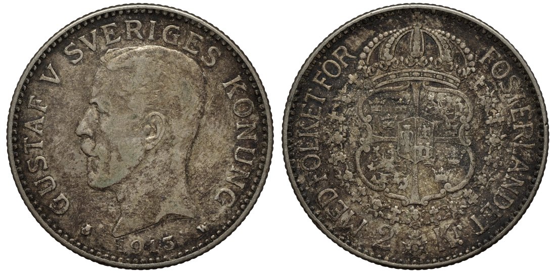 Швеция 2 кроны 1913 W, Густав V (1907-1950) KM 787 серебро 413-6313